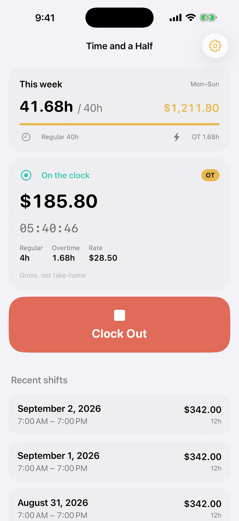 Live shift with $185.80 earned and an OT badge